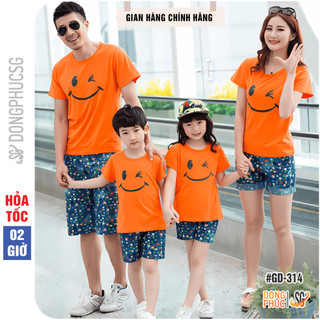 Áo gia đình mặt cười đồ đồng phục gia đình 3/4/5 người thun mềm mịn màu cam GD314CN DONGPHUCSG