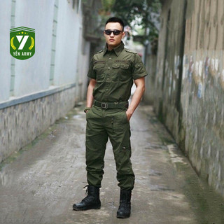 Bộ Quần Áo Kaki Nam Túi Khóa Chéo Màu Xanh Rêu Cộc Tay - Tặng Kèm Dây Lưng