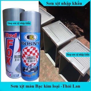 Sơn xịt màu Bạc kim loại cao cấp Bosny - Redfox dung tích 400ml Thái Lan, sơn ô tô, xe máy, xe đạp, sơn kim loại
