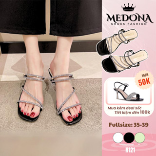 [N121] Dép cao gót nữ 3cm đế vuông trong suốt quai mảnh đính đá sang chảnh quai sau đi được 2 kiểu