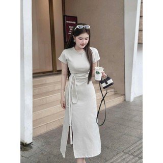 Đầm nữ mặc đi chơi tay ngắn cổ tròn váy dài xẻ tà có dây cột eo chất thun gân mẫu mã mới thiết kế xinh xắn