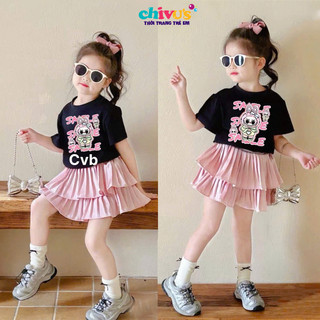 Đồ bộ bé gái phong cách Hàn Quốc gồm áo phông mix với chân váy xếp ly 2 lớp điệu đà nữ tính cho bé gái 10-30kg