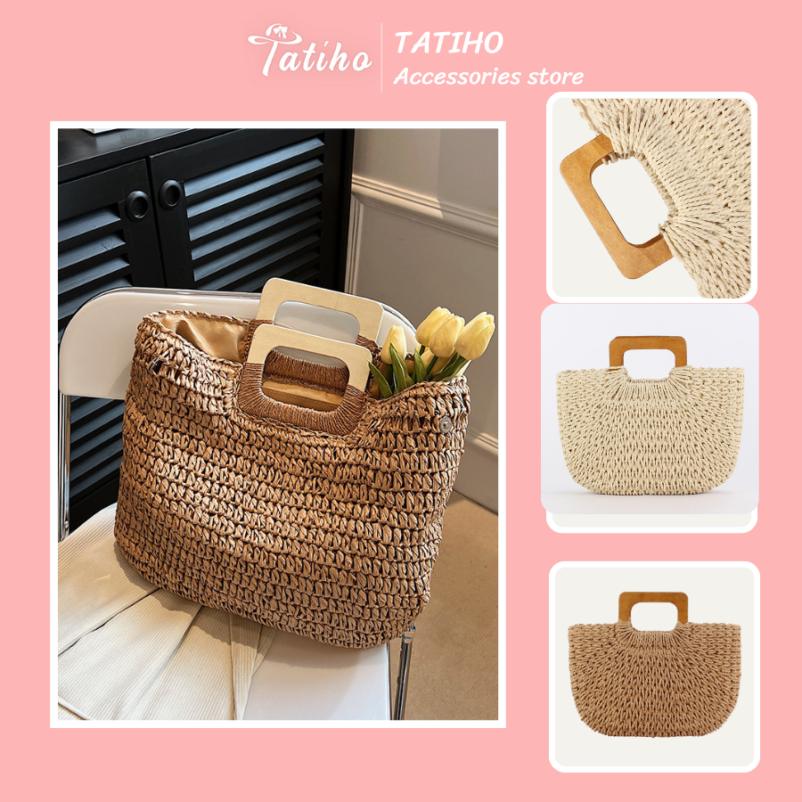 Túi Cói Xách Tay Unisex, Túi Cói Cầm Tay Dung Tích Lớn Họa Tiết Trơn Basic Thời Trang Đi Biển Mùa Hè