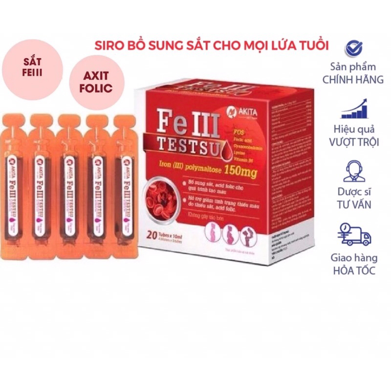 Ống uống Fe III TESTSU_Giúp bổ sung sắt và acid folic cho phụ nữ mang thai,trẻ em bị thiếu máu,