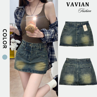 Chân váy jean chữ A dáng ngắn, chân váy jean ngắn, chân váy bò lưng cao Y2K màu xanh loang cá tính