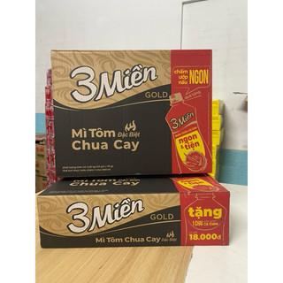 ( Tặng 1 chai nước mắm) Thùng 30 Gói Mì 3 Miền Gold Bò Hầm Rau Thơm/ Tôm chua cay gói 75g
