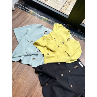 Áo khoác blazer màu vàng / đen / xanh dương có túi vải linen Lovadova GB0202