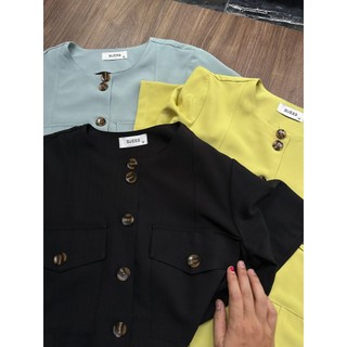 Áo khoác blazer màu vàng / đen / xanh dương có túi vải linen Lovadova GB0202