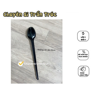 Combo 50 Muỗng nhựa cán dài 20cm màu đen không bọc, Thìa múc thạch trà sữa, rau câu cho ly 700ml,1000ml