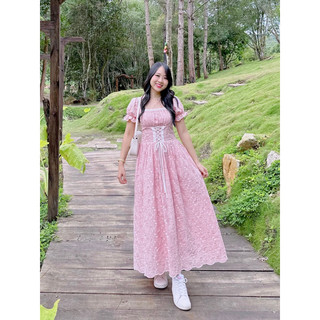 Đầm Dài Hồng Hoa Thêu Trắng Phối Ren Rút Dây - Daisy Dress