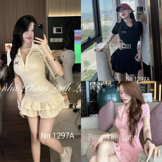 Váy Tăm Cổ Sen Thêu Nơ Chân Tầng Rút Eo [Kèm Quần Bảo Hộ]