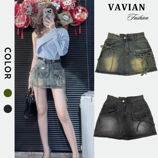 Chân váy ngắn dáng chữ A lưng cao, chân váy jean ngắn thiết kế nơ túi siêu xinh