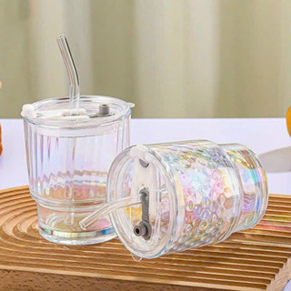 Cốc thủy tinh cầu vồng có ống hút dung tích 400ml dùng để bàn uống nước, cafe, trà sữa cốc sịn lắm cả nhà nhé