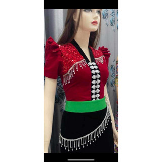 Áo Cóm cổ V lụa hàn đỏ tươi kim tuyến tay cộc , áo cóm dân tộc thái