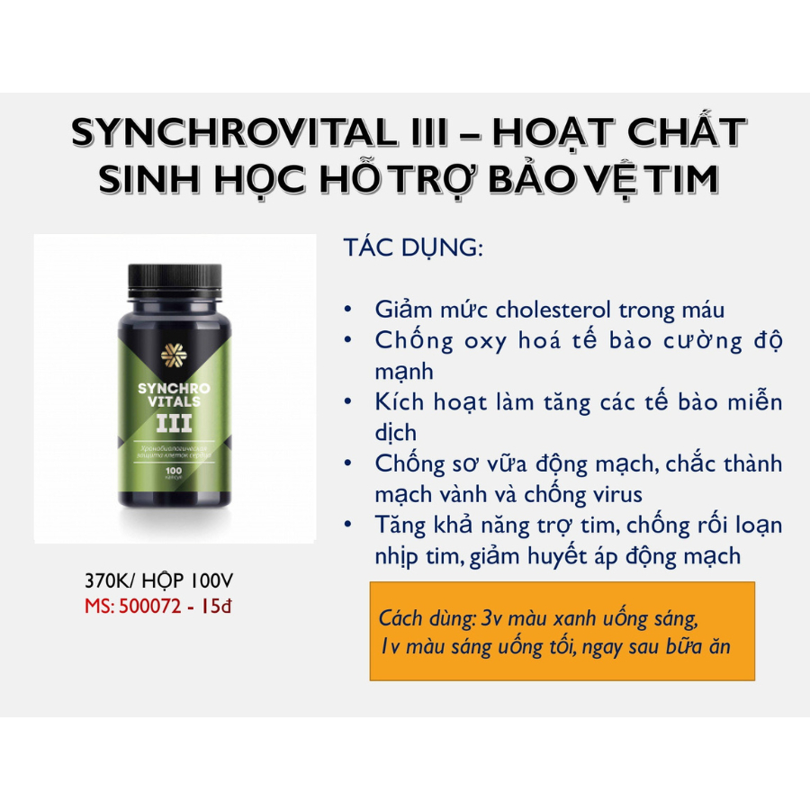 [ Mẫu cũ - Hỗ Trợ Tim Mạch ] Syn 3 - Viên uống bảo vệ tim mạch Synchrovitals III siberian – 100 viên