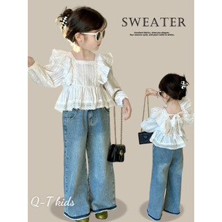  Set bộ dài tay bé gái áo sơ mi ren thô mềm phối quần bò jean dài ống suông phong cách Hàn Quốc cho bé 10-30kg Juny Kids 