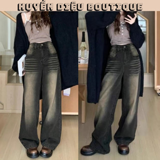 quần jean nữ wash ánh vàng dáng suông lưng cao che khuyết điểm , quần bò ống rộng hot trend HD5649 - Huyền Diệu Boutique