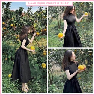 Váy len zip phối sơ mi dáng xòe ngắn tay cổ 3p đầm maxi nữ