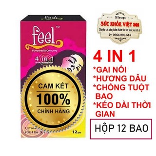 Cam kết chính hãng 100% Bao cao su Feel 4 in 1 gân gai, chống tuột, thuốc kéo dài thời gian, hương dâu hộp 12