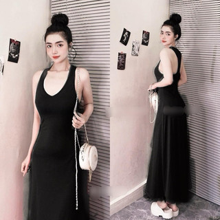 đầm cổ tim ba lỗ thun tăm có mút dáng dài ly mặc xinh tôn dáng giá rẻ