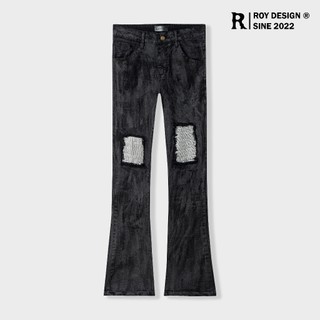 Quần jean wax đen ống loe vá đá / waxed cao cấp / black waxed flared - roy design