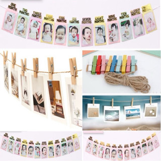 Bộ 12 khung hình ép kim ảnh 12 tháng trang trí sinh nhật, Bộ Kẹp Khung Hình Tặng Dây Treo Khung Hình Happy Birthday