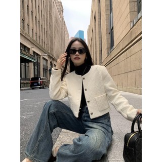    Mã 14- Ảnh thật cuối - Áo khoác dạ tweed dáng ngắn tay dài cổ tròn màu trắng sang chảnh  thu đông - LISA STOREE 
