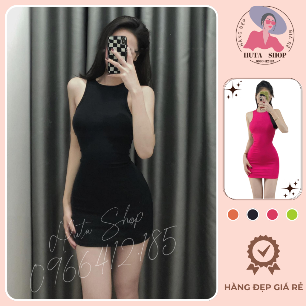 Đầm body Huta họa tiết trơn dáng ngắn, váy ba lỗ chất borip cotton thoáng mát, mềm mại, co giãn tốt