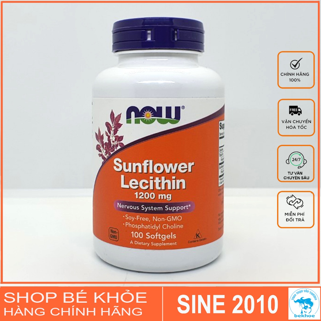 Viên uống chống tắc tia sữa Lecithin 1200mg Now Sunflower Lecithin 100v, 200v.