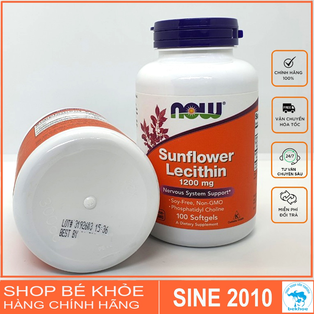Viên uống chống tắc tia sữa Lecithin 1200mg Now Sunflower Lecithin 100v, 200v.