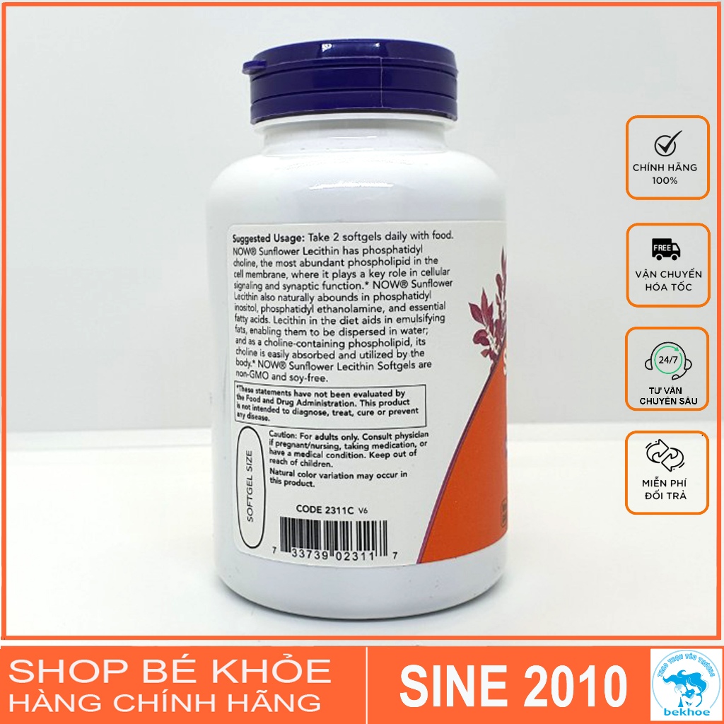 Viên uống chống tắc tia sữa Lecithin 1200mg Now Sunflower Lecithin 100v, 200v.