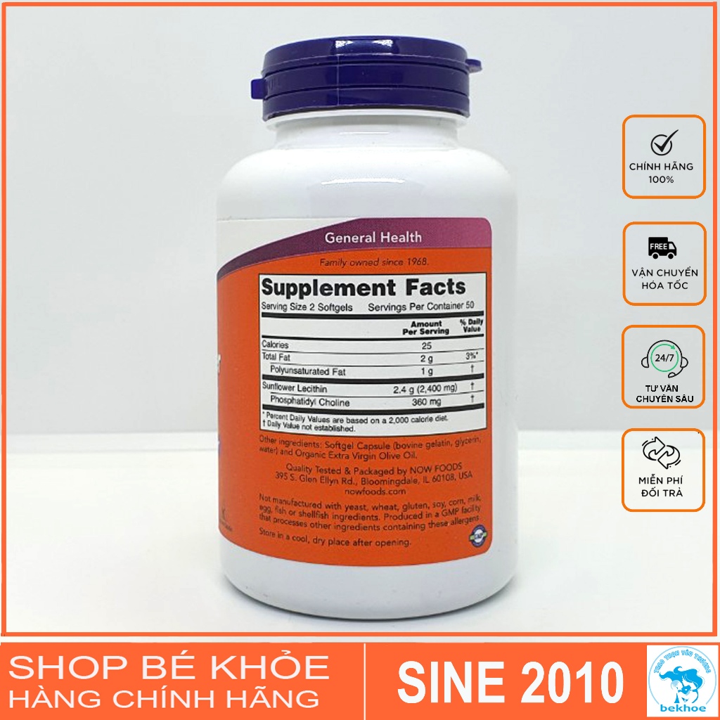 Viên uống chống tắc tia sữa Lecithin 1200mg Now Sunflower Lecithin 100v, 200v.