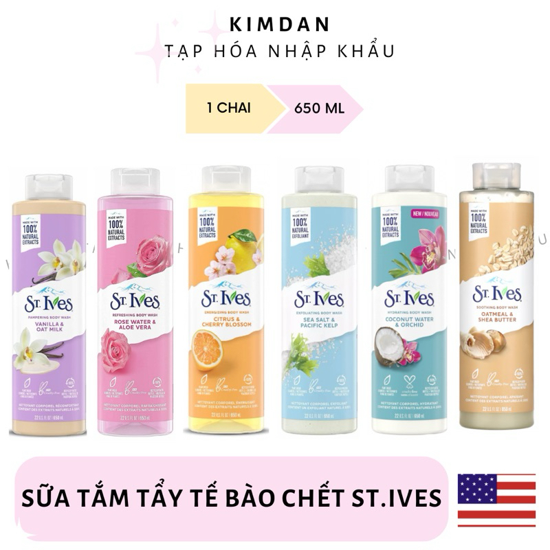   NHẬP KHẨU MỸ  SỮA TẮM ST.IVES 650ML TẨY TẾ BÀO CHẾT YẾN MẠCH MUỐI BIỂN HOA HỒNG DỪA CAM 