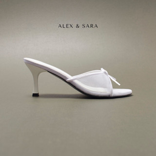 Guốc mũi tròn gót cao 7cm quai lưới điểm nhấn nơ ria mèo basic | ALEX & SARA - LT07