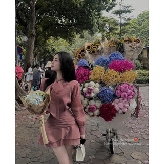 Váy Tơ Dài Tay Chiết Eo Hồng Đỗ Hot Hit