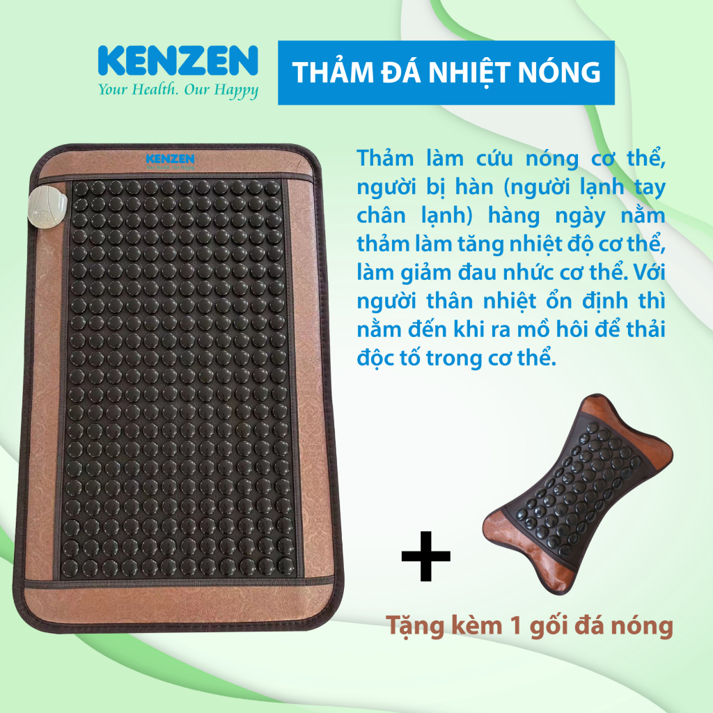 Thảm đá nhiệt nóng Hàn Quốc kích thước 50*80 hiệu Kenzen 87w nóng tối đa 70°C, tặng kèm 1 gối đá nhi