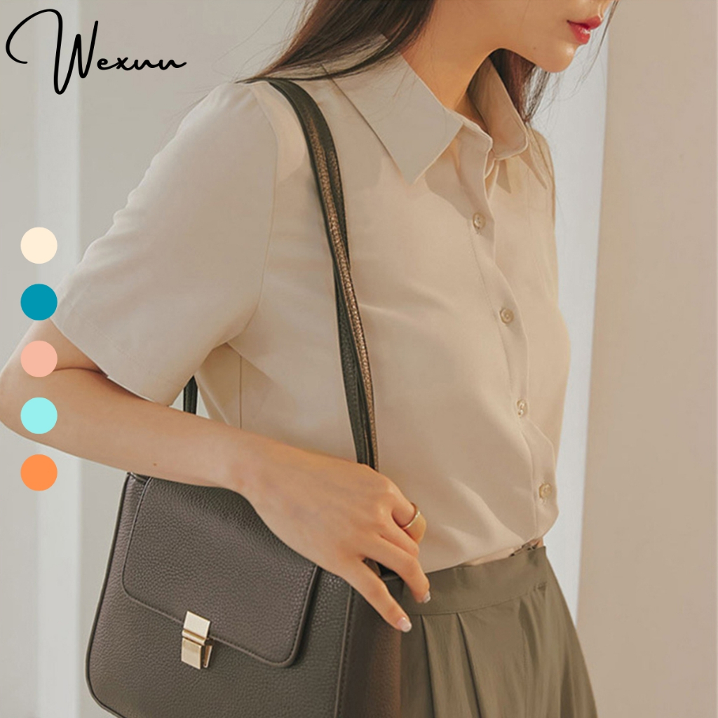 Áo Sơ Mi Nữ Cộc Tay Wexuu Áo Nữ Dáng Suông Chất Vải Lụa Mịn Đủ Màu Chống Nhăn Mặc Thoải Mái Sm19