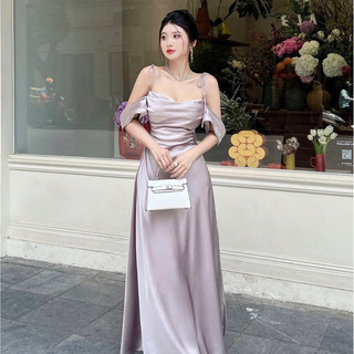 Đầm lụa 2 dây có dây cột kèm trễ vai soc nau nv636 chất lụa mềm mại nữ tính