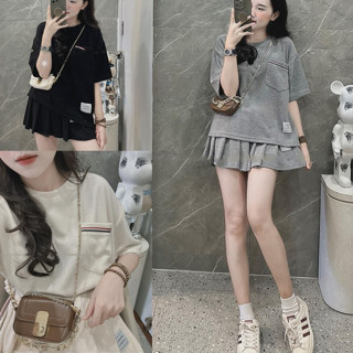 Set Bộ Đồ Nữ Áo Phông Ngắn Tay THOm  Túi Ngực Viền Màu Mix Chân Váy Xếp Ly Freesize