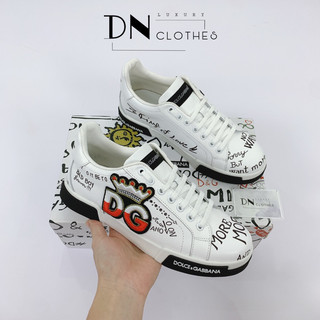 ⚜️ giày sneakers d& gi - giày thể thao d& gi synthetic portofino chữ thêu vương miện nam nữ màu trắng