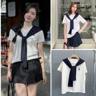 Áo phông thủy thủ tay lỡ, áo thun thêu logo ngựa phối khăn quàng chất liệu cotton có giãn thoáng mát