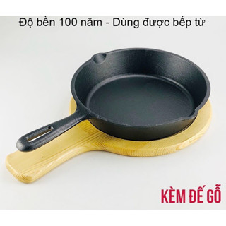 Chảo Gang Đúc Chảo Gang Truyền Thống Nguyên Khối Size 16xm-20cm-25cm Kèm Đế Gỗ Chống Dính Tự Nhiên Dùng Được Bếp Từ