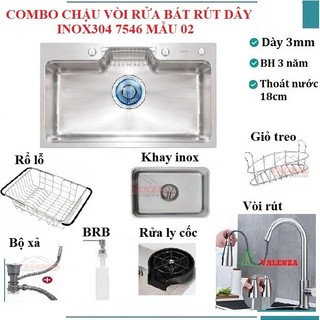 Chậu rửa bát inox304 chuẩn 7546 ĐÚC, vòi rửa bát rút dây, xả, khay inox, rổ lỗ, bình rửa bát, rửa ly