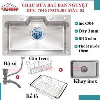 Chậu rửa bát 1 hố  inox 304 Valenza 7546 bán nguyệt ĐÚC liền khối dày 3li, bộ xả to 18cm thoát nhanh khay inox rổ lỗ
