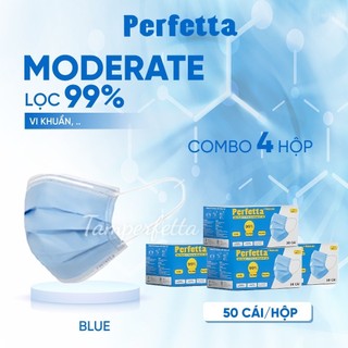 Combo 4 Hộp 200 Cái Khẩu Trang YTế Cao Cấp Perfetta Moderate 3Lớp Kháng Khuẩn,Lọc Bụi,Màu Xanh Dương