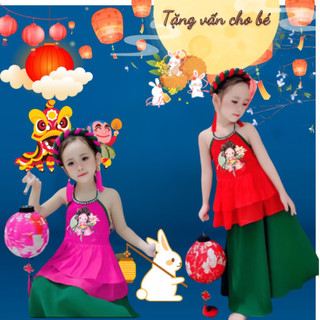 sét yếm bộ yếm trung thu cho bé gái size 14-45kg 2 màu hồng đỏ kèm vấn