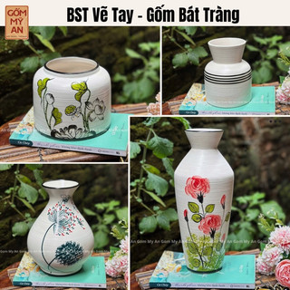 Lọ hoa gốm men mịn họa tiết vẽ tay size vừa - bình cắm hoa để bàn trang trí - gốm mỹ an bát tràng