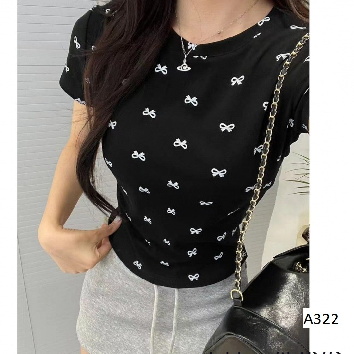 BARE_Áo thun cổ tròn ôm body in họa tiết nơ trẻ trung thiết kế nhún eo tôn dáng- A322
