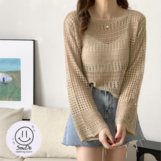 Áo Lưới Đi Chơi Biển Cổ Tròn Tay Dài, Áo Len Mongtoghi Lưới Mỏng Mềm Mịn Thoáng Mát Hangd Qccc | Smide Clothing