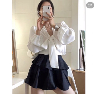 [ Bigszie 55 - 100kg ] Áo sơ mi cổ nơ trễ, tay bồng vải lụa trượt phong cách tiểu thư